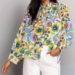 Johnny Was Ikat Bloom Shireed Yoke Floral Blouse in white, Purple, Blue, gold